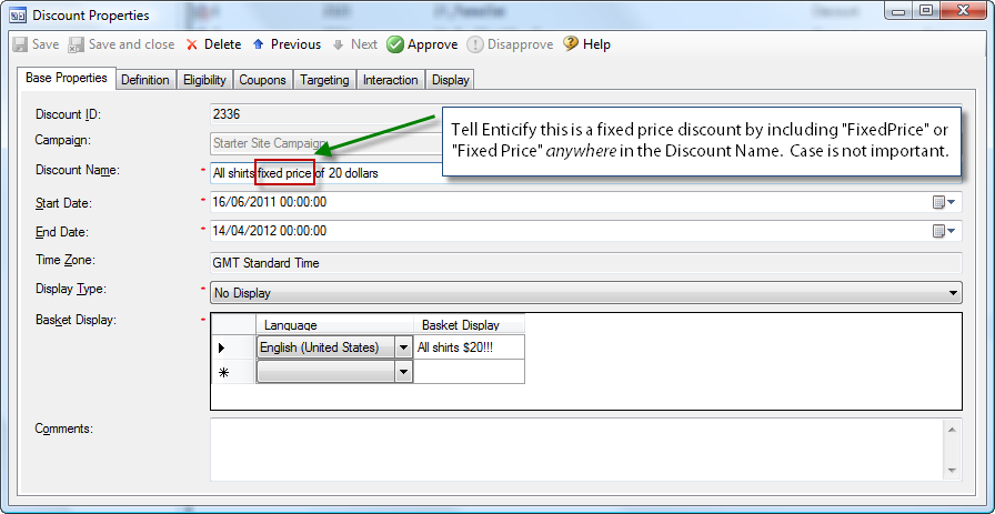 Configure a fixed price discount by setting the name correctly in the Marketing Manager Base Properties tab.