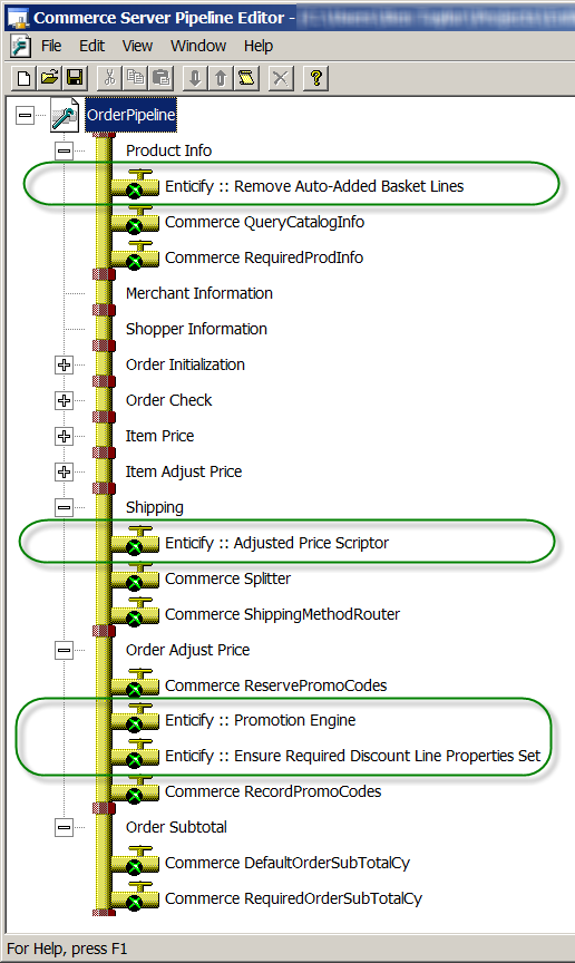 The Enticify pipeline components configured in a Commerce Server PCF