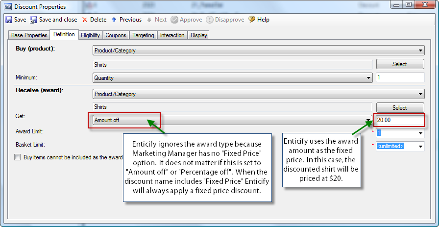 Set the fixed price discount amount in the Marketing Manager discount definition tab